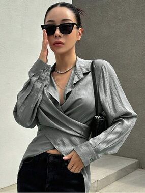 3/$45 Crinkle Tie-Front Button Down Shirt - Gray